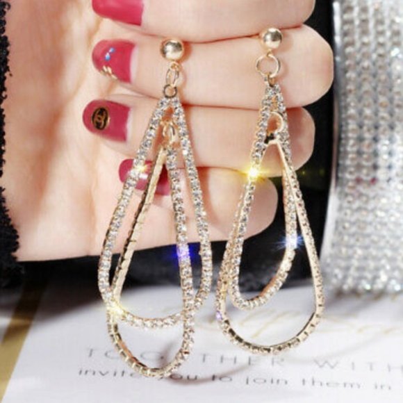 Jewelry - NEW Gold Round Diamond Double Tear Drop Earrings